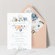 Bridgerton insppired bridal shower invitation with peach and blue florals peach envelope