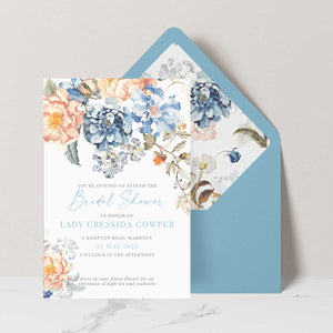 bridgeton insppired bridal shower invitation with peach and blue floral bouquet blue envelope