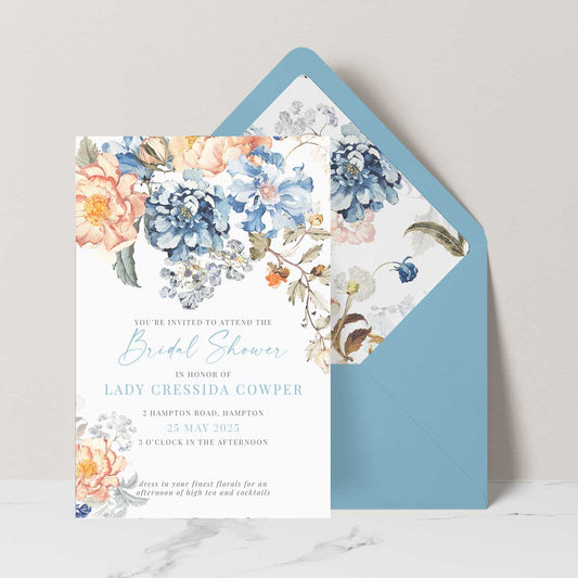 Bridgerton insppired bridal shower invitation with peach and blue floral bouquet blue envelope