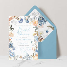 Bridgerton insppired bridal shower invitation with peach and blue florals in a frame blue envelope