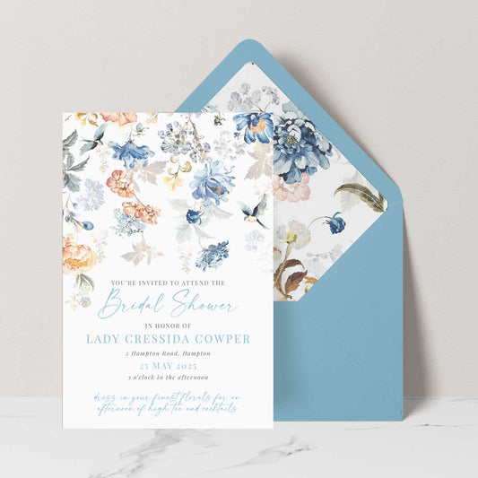 Bridgerton insppired bridal shower invitation with peach and blue florals pattern blue envelope