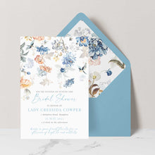 Bridgerton insppired bridal shower invitation with peach and blue florals pattern blue envelope