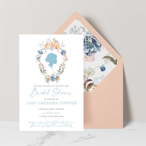 Bridgerton inspired bridal shower invitation with peach and blue florals and lady silouette peach envelope