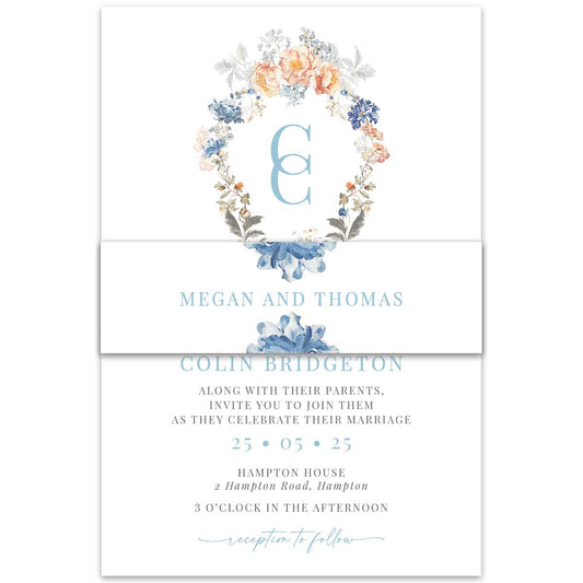 Bridgerton Lake vintage inspired belly band with blue florals with white background wrapped around wedding invitation