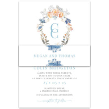 Bridgerton Lake vintage inspired belly band with blue florals with white background wrapped around wedding invitation