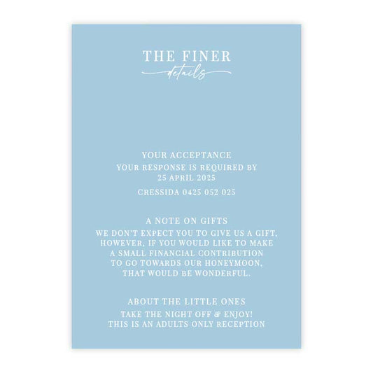 Bridgerton Lake invitation details card with white text on a blue background