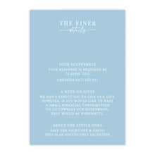 Bridgerton Lake invitation details card with white text on a blue background