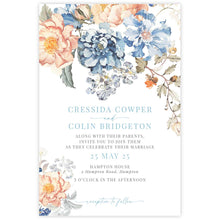 Bridgerton lake vintage inspired floral banner wedding invitation featuring blue and peach flowers