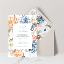 Bridgerton Lake vintage inspired floral wedding invitation featuring blue and peach flowers framing the design with neautral coloured envelopes and floral liner