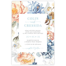 Bridgerton Lake vintage inspired floral wedding invitation featuring blue and peach flowers framing the design
