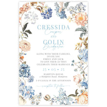 Bridgerton Lake vintage inspired floral wedding invitation featuring blue and peach flowers framing the design