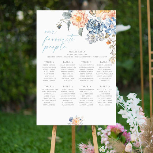 Bridgerton inspired vintage floral bouquet  design table seating chart sitting on a timber easel in a garden