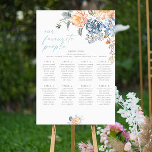 Bridgerton inspired vintage floral bouquet  design table seating chart sitting on a timber easel in a garden