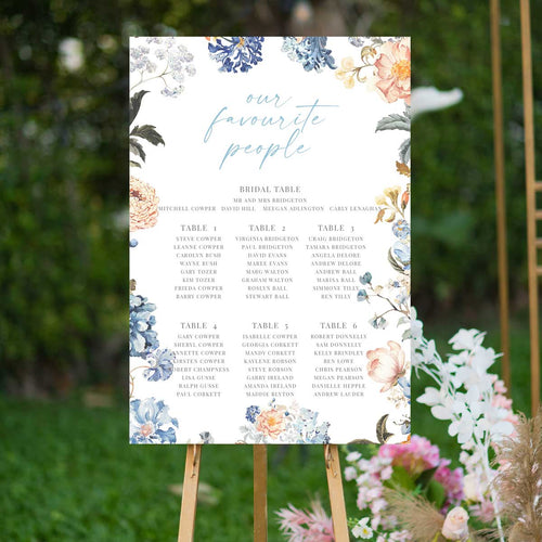Bridgerton inspired vintage floral table seating chart sitting on a timber easel in a garden