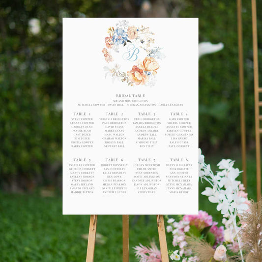 bridgeton inspired vintage floral wreath  design table seating chart sitting on a timber easel in a garden