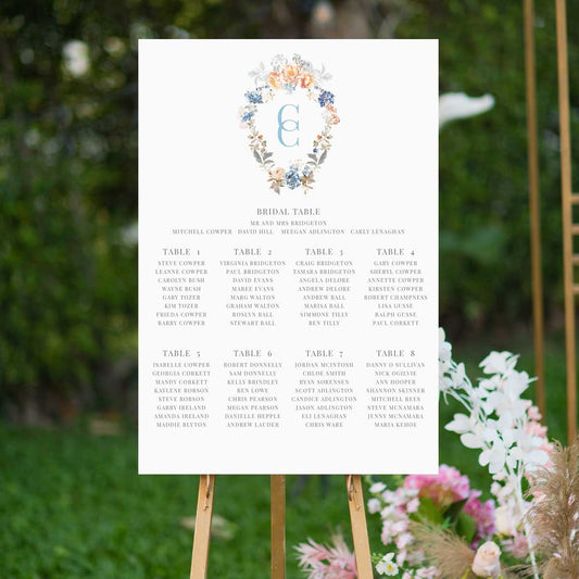 Bridgerton inspired vintage floral crest  design table seating chart sitting on a timber easel in a garden