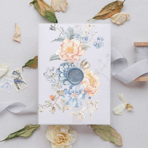 Bridgerton inspired vointage floral invitation vellum wrap jacket bouquet