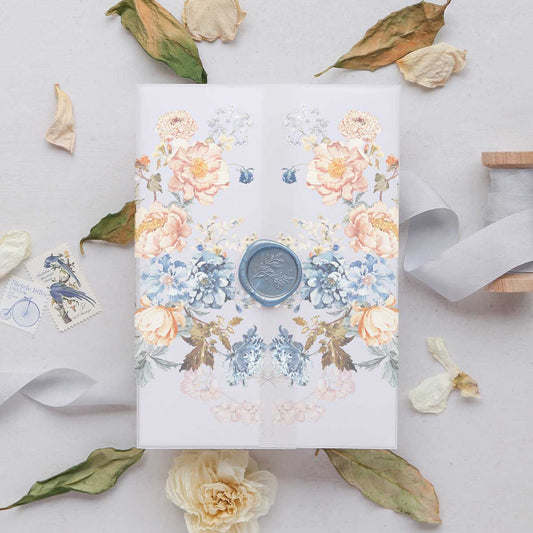 Bridgerton inspired vointage floral invitation vellum wrap jacket bouquet