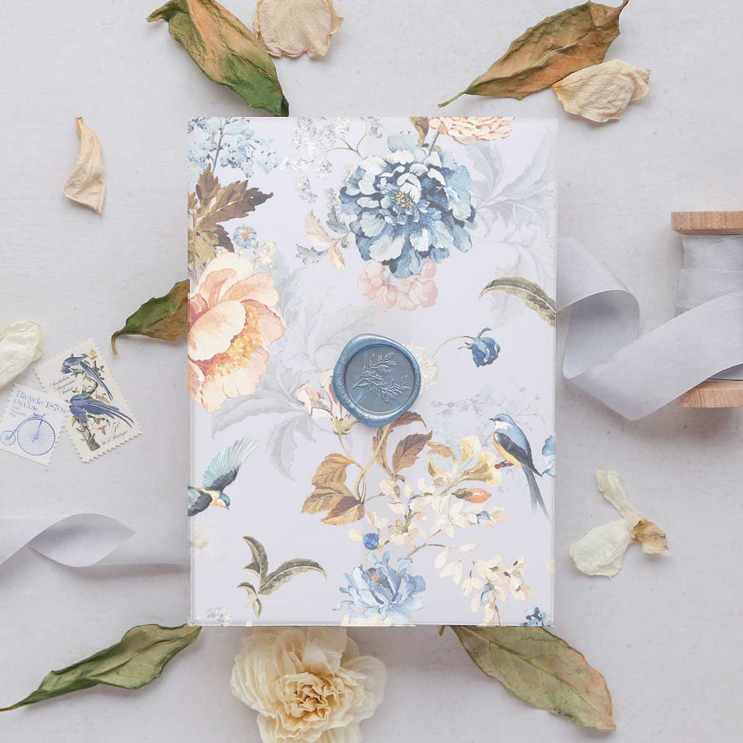 Bridgerton inspired vointage floral invitation vellum wrap jacket