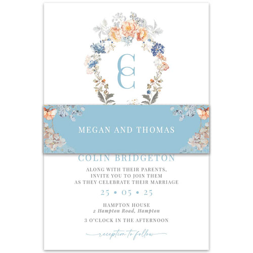 Bridgerton lake vintage floral inspired belly band with florals and blue background