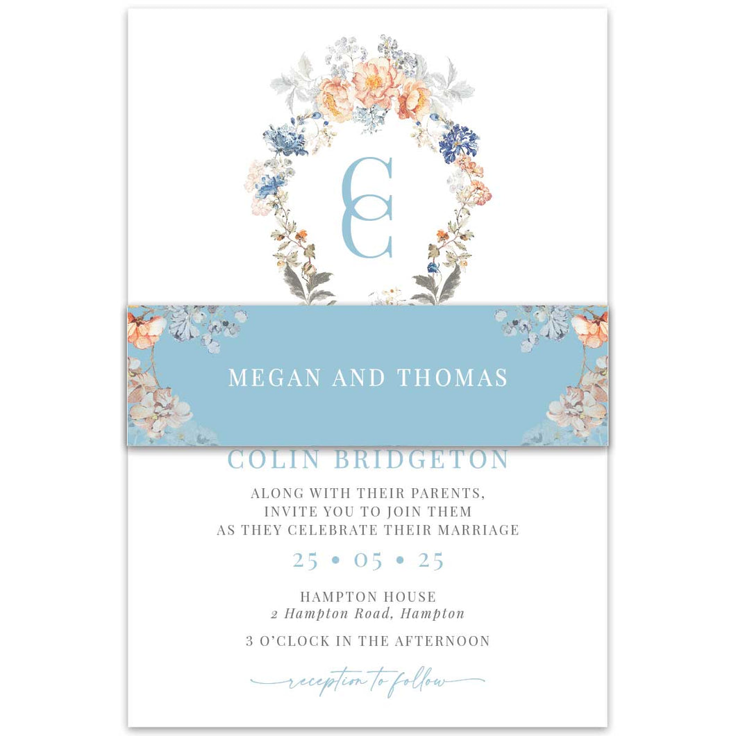 Bridgerton lake vintage floral inspired belly band with florals and blue background