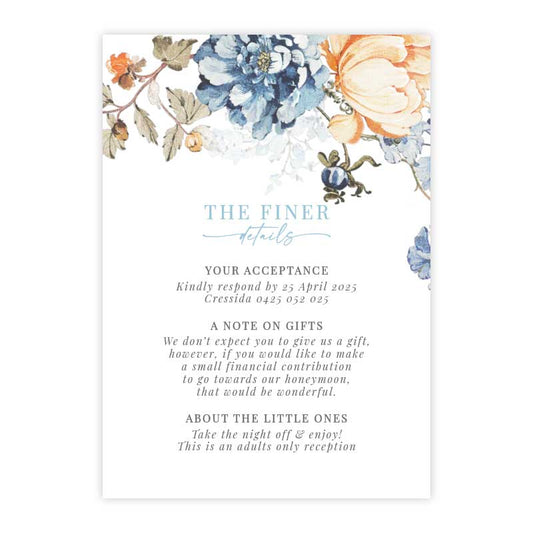 Bridgerton Lake Floral invitation card with text on a white background