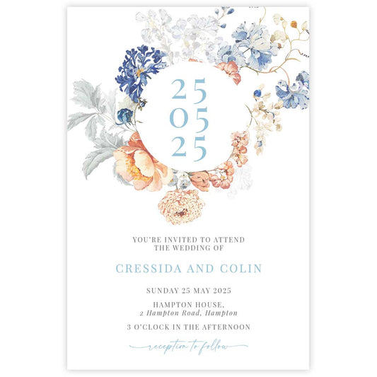 Bridgerton lake vintage inspired floral banner wedding invitation with date