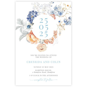 Bridgerton lake vintage inspired floral banner wedding invitation with date