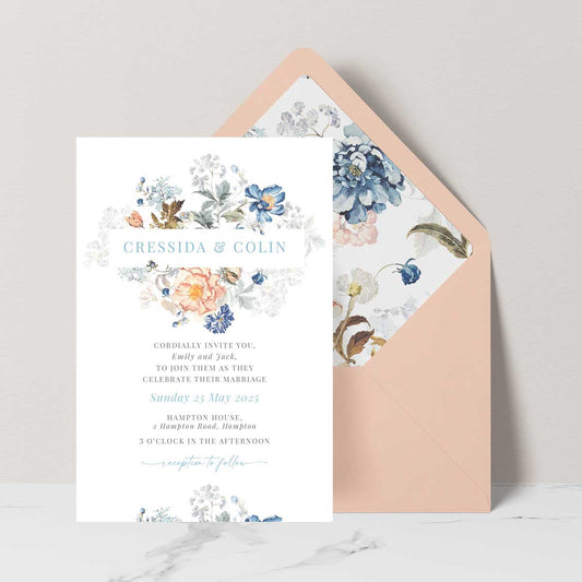 bridgerton lake vintage inspired floral banner wedding invitation with cream envelope and liner