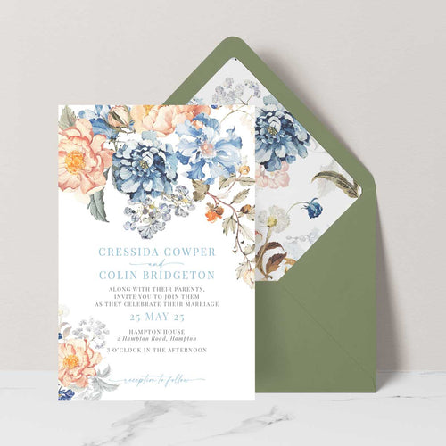 Bridgerton lake vintage inspired floral banner wedding invitation suite with green envelope and liner