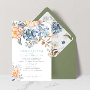 Bridgerton lake vintage inspired floral banner wedding invitation suite with green envelope and liner