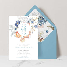 Bridgerton lake vintage inspired floral banner wedding invitation suite with date with blue envelope and liner