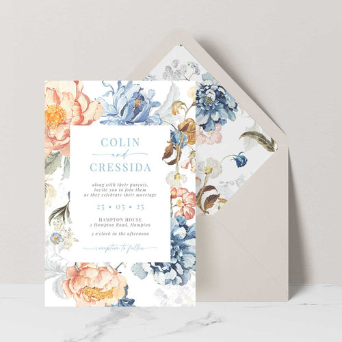 Bridgerton lake vintage inspired floral banner wedding invitation suite with cream envelope and liner