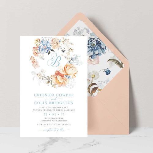 Bridgerton lake vintage inspired floral wreath wedding invitation suite with cream envelope and liner 