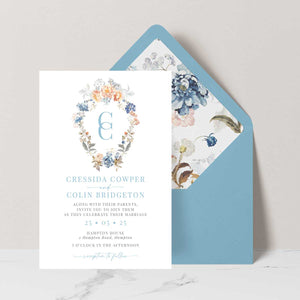 bridgeton lake vintage inspired floral wreath and monogram wedding invitation suite with blue envelope and liner