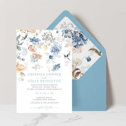 Bridgerton lake vintage inspired floral pattern wedding invitation suite with blue envelope and liner