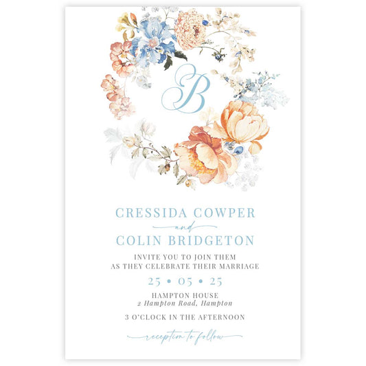 Bridgerton lake vintage inspired floral wreath wedding invitation
