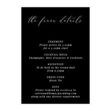 classic, modern Carrie Collection details card, white on black