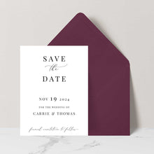 classic modern save the date card with burgundy envelope
