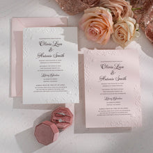 embossed wedding invitation with floral design on white and pink card with pink envelope, Newcastle Luxury Wedding Invitations