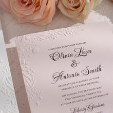 embossed wedding invitation with floral design on pink card with pink envelope, Newcastle Luxury Wedding Invitations