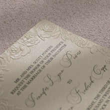 sculptured embossed roses wedding invitation on ivory shimmer card, Newcastle Luxury Wedding Invitation