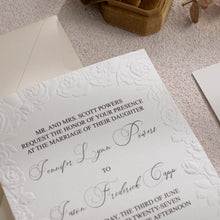 sculptured embossed roses wedding invitation on white card, Newcastle Luxury Wedding Invitation