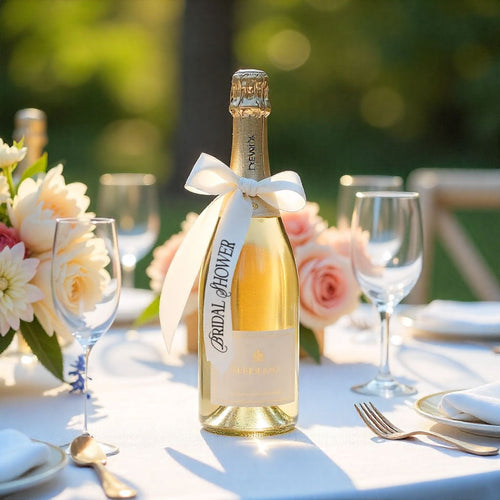 Champagne bottle wrapped in an ivory ribbon with 'Bridal Shower' printed on the front surrounded by champagne glasses and flowers