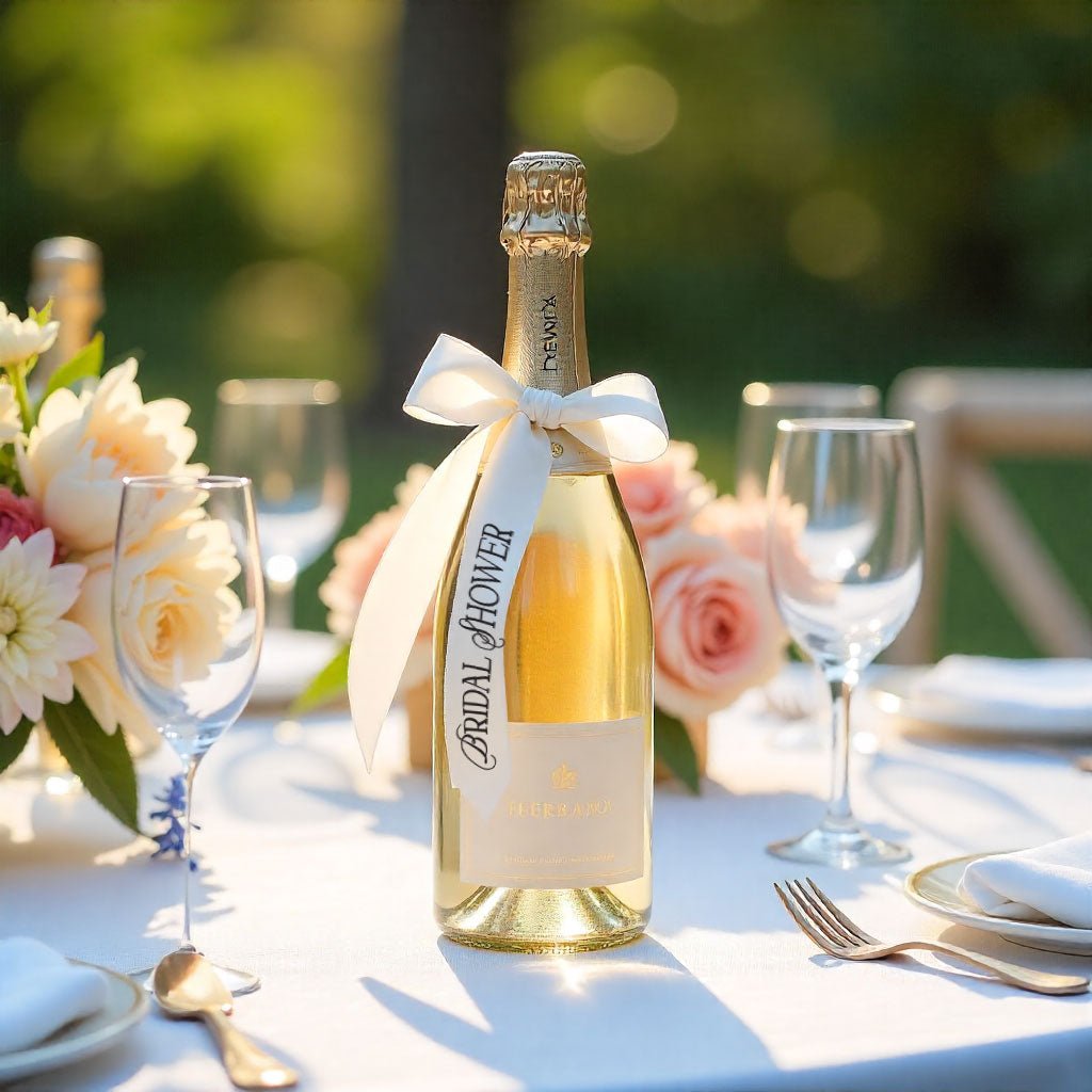 Champagne bottle wrapped in an ivory ribbon with 'Bridal Shower' printed on the front surrounded by champagne glasses and flowers