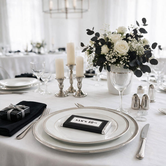 A styled wedding table setting with white plates, silver-rimmed chargers, a black napkin with a wrapped gift, silver salt and pepper shakers, a floral centerpiece with white roses and black eucalyptus, and candlesticks on a white tablecloth.
