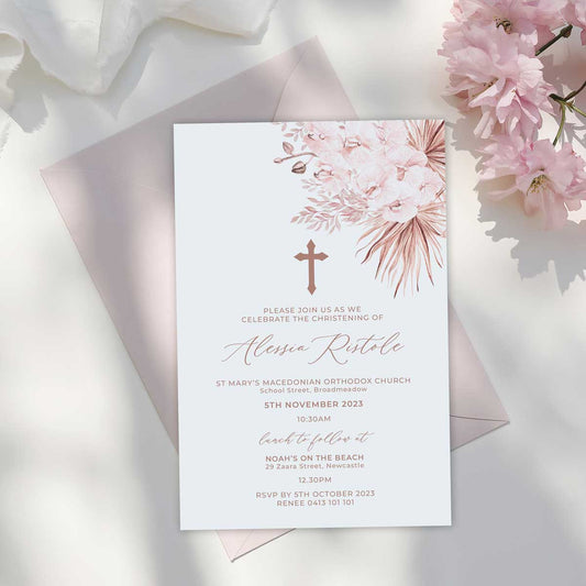 pink orchid christening invitation