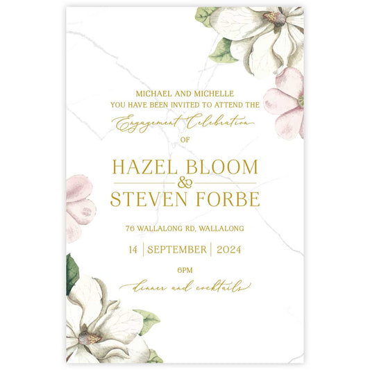 Beautiful watercolour floral designed engagement invitation with white and pink flowers