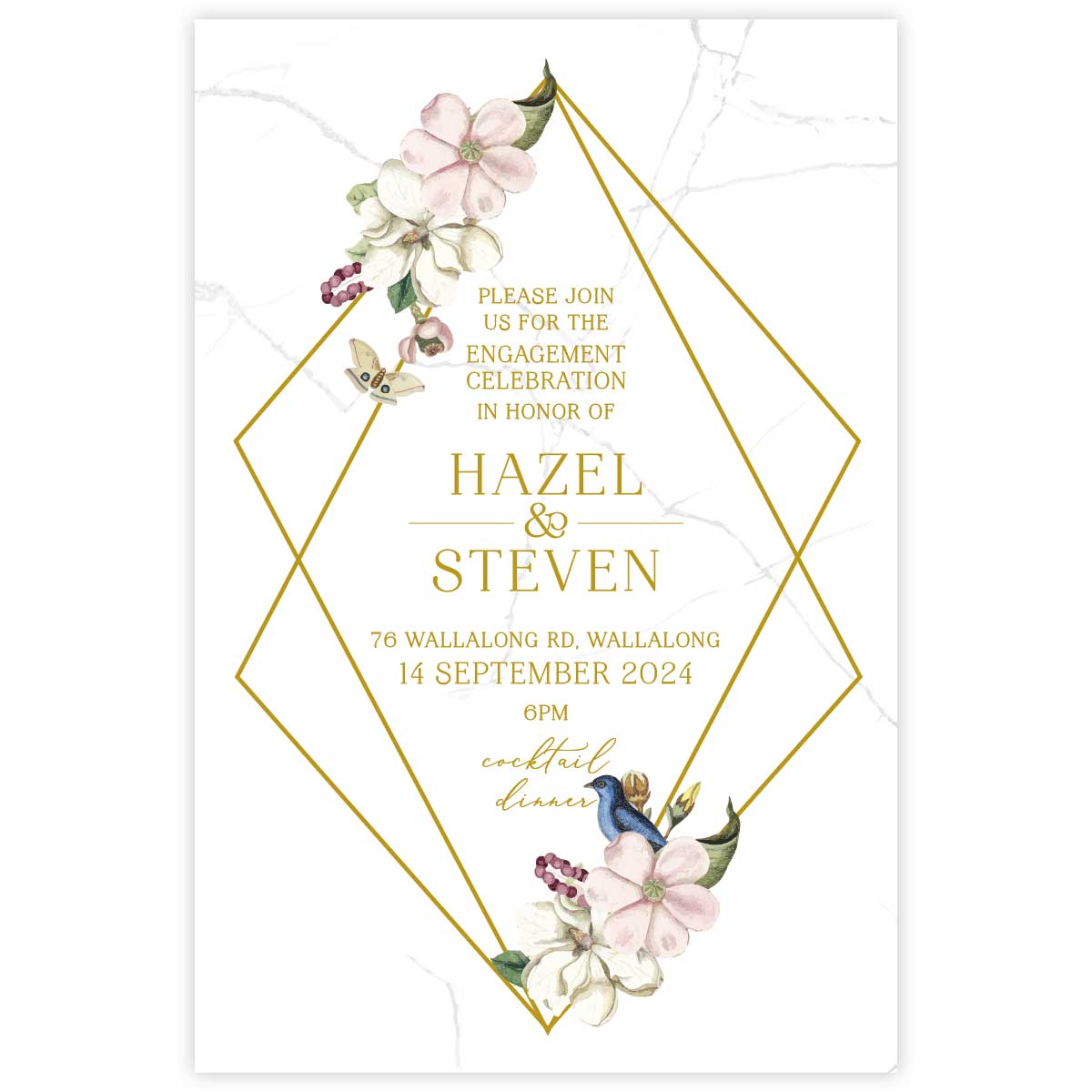Beautiful watercolour floral designed engagement invitation with white and pink flowers in a geometric gold border.