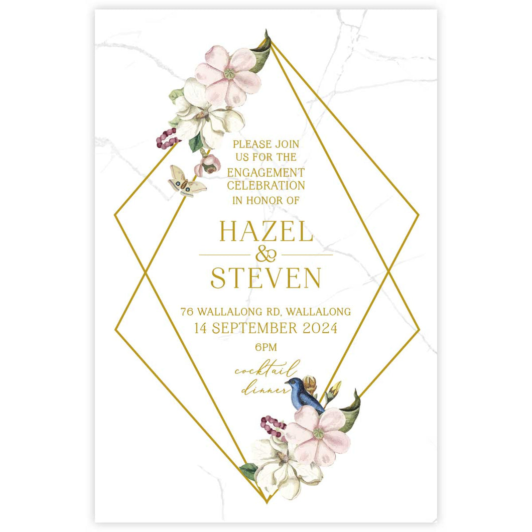 Beautiful watercolour floral designed engagement invitation with white and pink flowers in a geometric gold border.
